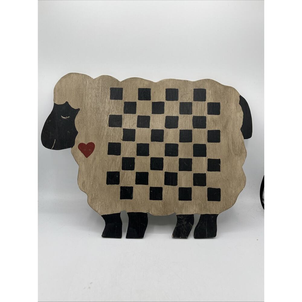 Vintage 1987 Handmade Wood Sheep Farmhouse Decor Checker Chess Board Folk Art